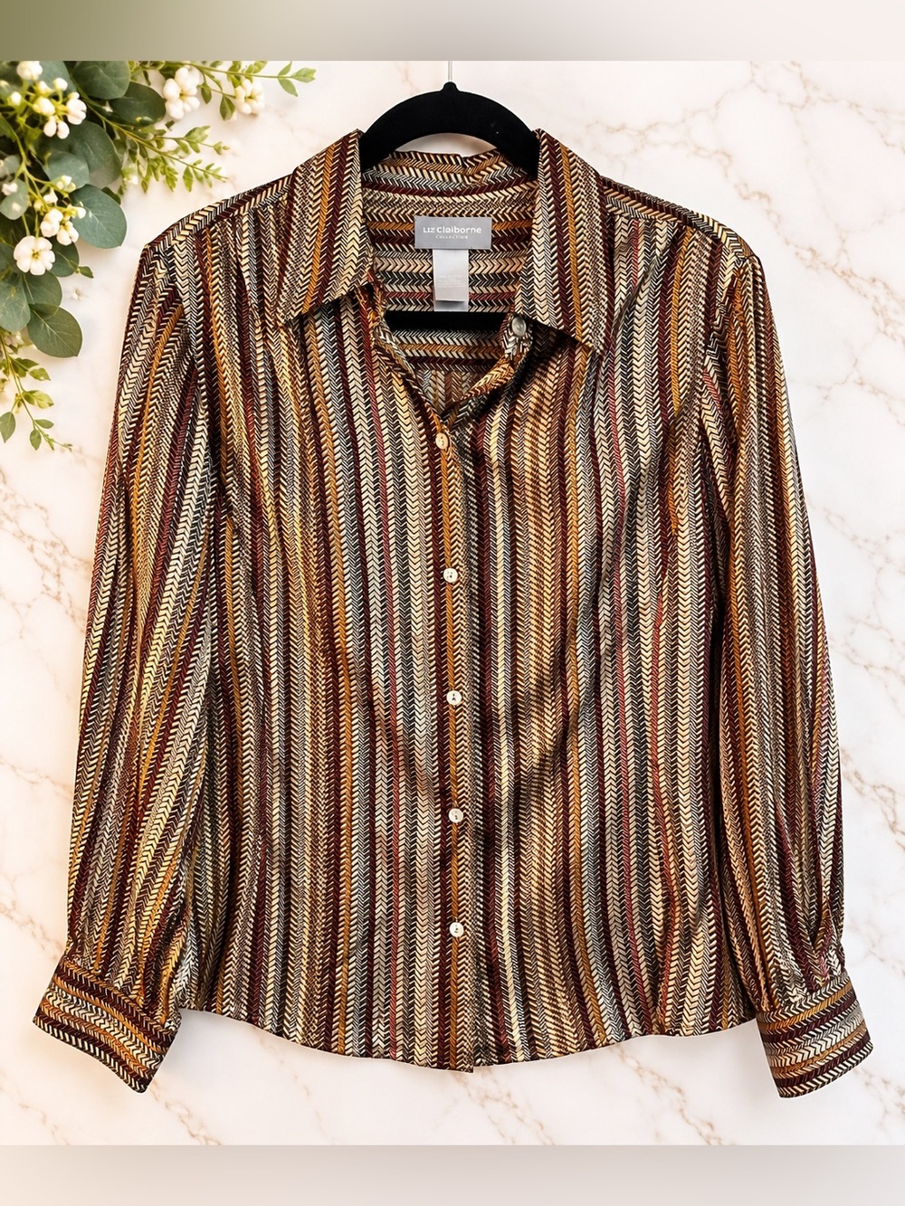 Liz Claiborne 100% Silk Herringbone Button Down Blouse Size 12